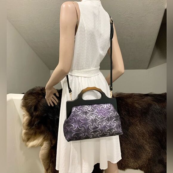 Handmade Genuine Embossed Leather Gradient Metallic Wooden Frame Bag/Crossbody - Picture 4 of 11